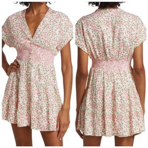Alice + Olivia Keela Floral Print Smocked Button-Front Mini Dress Sz 8